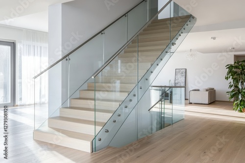Modern glass staircase railing with stainless steel handrails in open plan home interior design