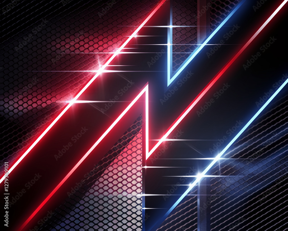 Fototapeta premium A close-up of sharp red and blue neon light lines crossing in an angular pattern against a dark mesh-like background, symbolizing energy, motion, and modern design. Gamer background