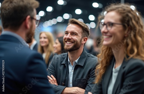 Group of happy people listening to startup business owner at trade show exhibition hall. Crowd of company staff, participants, visitors. Concept of international marketing expo event, seminar,