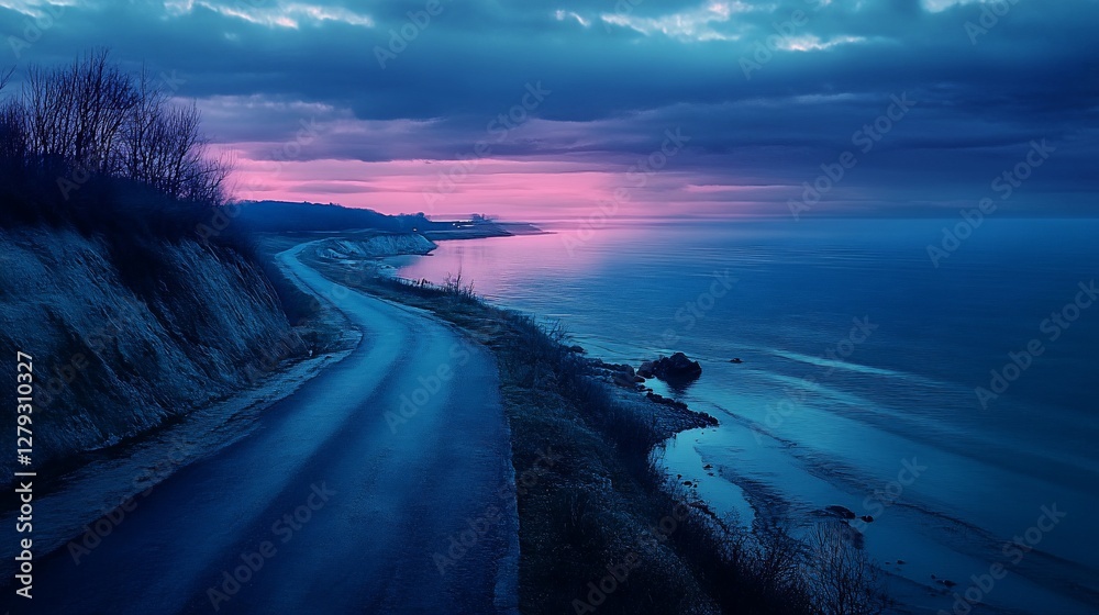 Obraz premium Coastal road at twilight, scenic ocean view, dramatic sky.