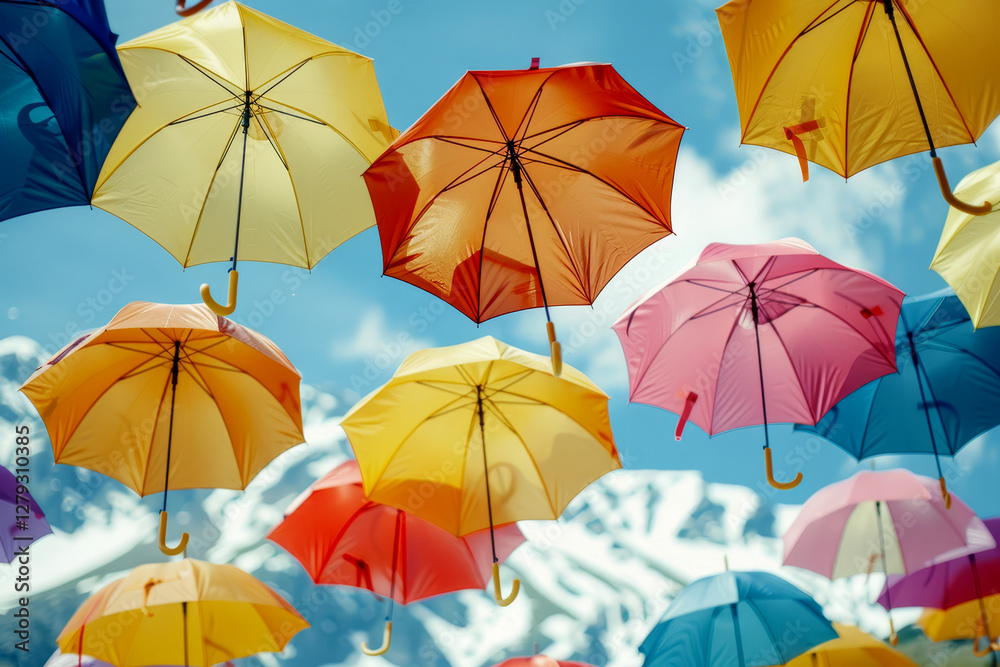 Obraz premium Bright umbrellas hang in the air, creating a vibrant display against a clear sky and snowy peaks