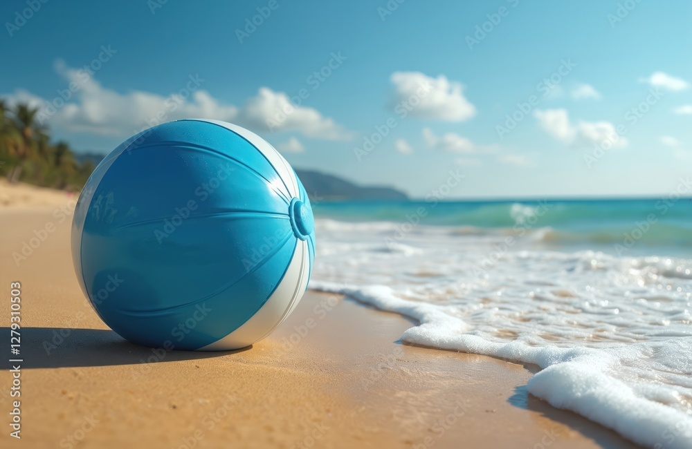 Obraz premium Beach ball resting on golden sand near ocean on a sunny day. Blue and white stripes on ball. Wave reaching sandy shore. Summer vacation mood, leisure, coastal holiday scene.
