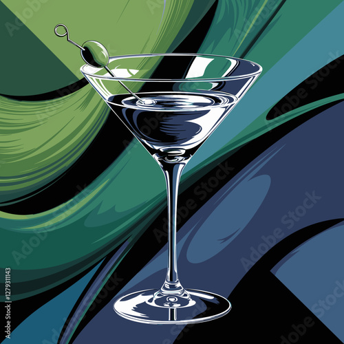 Martini elegant glass in bold pop-art explosion background, bright green-blue vector 