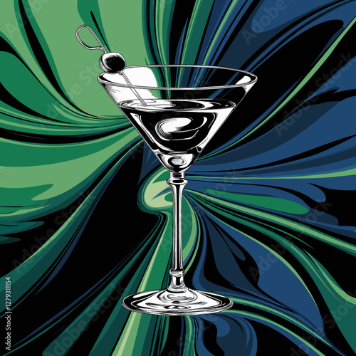 Martini elegant glass in bold pop-art explosion background, bright green-blue vector 