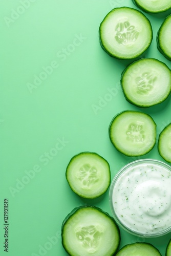 Fresh cucumber slices arranged around creamy dip on vibrant gree