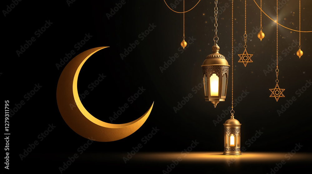 Islamic Crescent Moon and Lantern with Festive Ramadan Glow for Spiritual Celebrations Islamic Crescent Moon and Lantern with Festive Ramadan Glow for Spiritual Celebrations