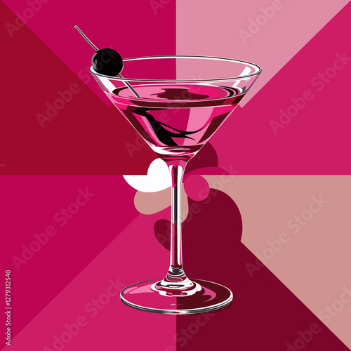 Pink martini glass in modern pop-art style with bright vector design