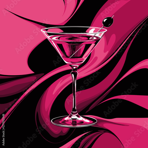 Pink martini glass in modern pop-art style with bright vector design