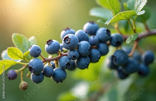 Close-up of branch full of organic blueberries in farm garden. Blue berry fruits with leaves. Macro, raw, ripe, natural, sweet, vegetarian, antioxidant superfood at summer.
