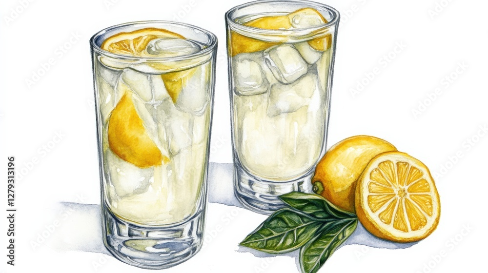 Two refreshing glasses of lemonade with ice and lemon slices, surrounded by fresh lemons and leaves Two refreshing glasses of lemonade with ice and lemon slices, surrounded by fresh lemons and leaves
