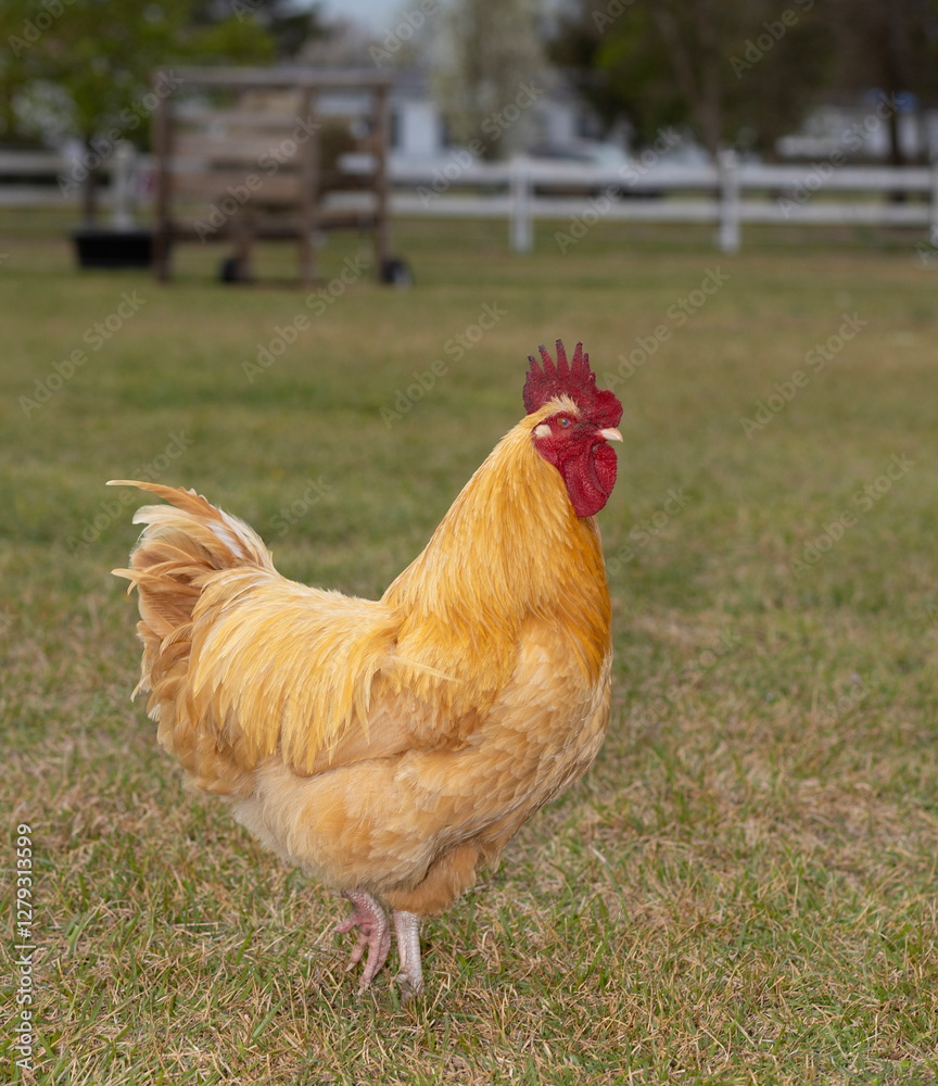 Bright gold free ranging chicken rooster