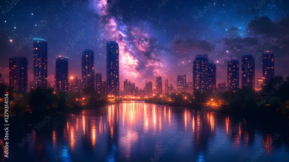 Obraz premium Stunning Night Cityscape Stars Reflections Skyline Water Milkyway Lights | AI Generated