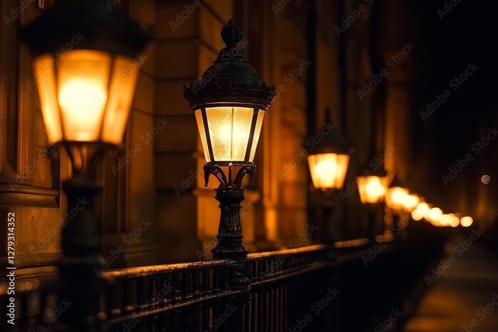 Nighttime view of townhouses under street lamps with high contrast lighting effects Nighttime view of townhouses under street lamps with high contrast lighting effects