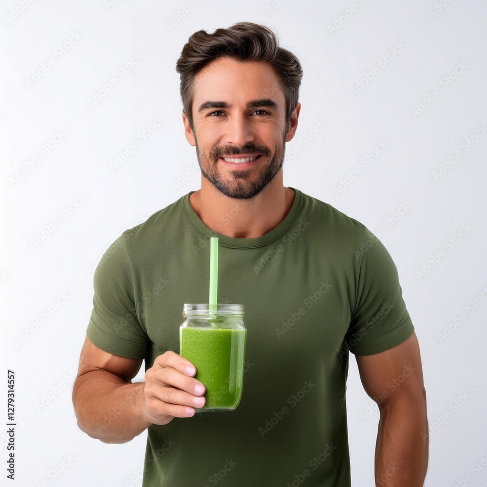 Smiling Man Holding a Green Smoothie Isolated on White Background for Healthy Living Smiling Man Holding a Green Smoothie Isolated on White Background for Healthy Living