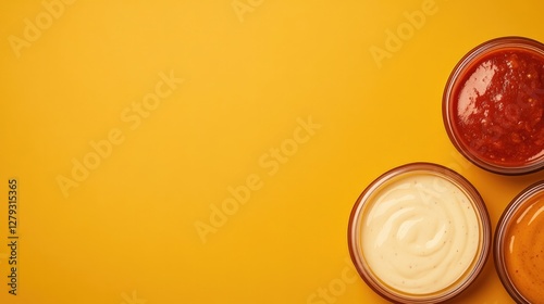 Colorful bowls of sauces arranged on vibrant yellow surface crea