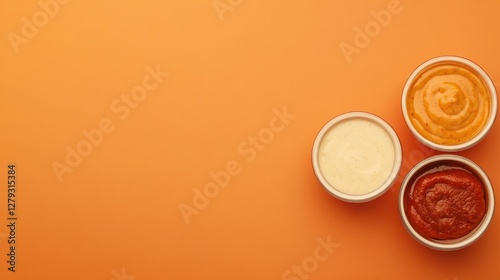 Creamy sauces in bowls on vibrant orange backdrop, showcasing vi