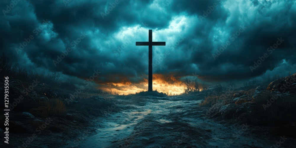 Naklejka premium Dark clouds hover over a solitary cross with glowing light in the background during twilight