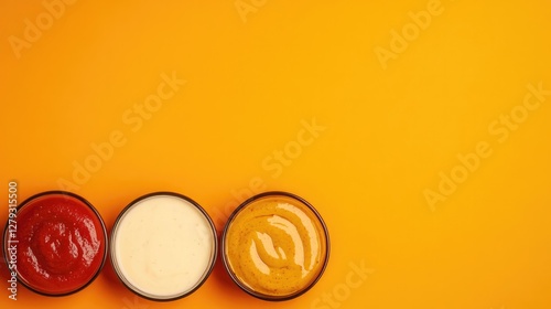 Three bowls of sauces on vibrant yellow background create lively