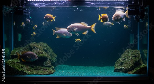 Underwater World: A Freshwater Aquarium with Vibrant Fish and Mossy Rocks photo