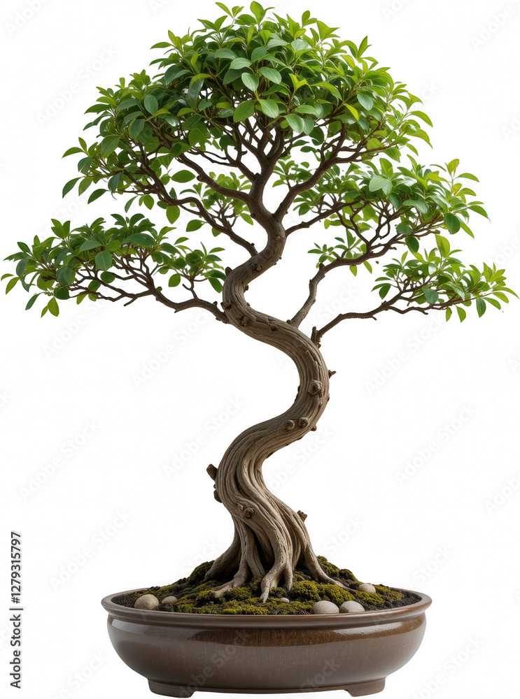 Serene Bonsai Tree Lush Green Foliage Twisted Trunk in Brown Pot Serene Bonsai Tree Lush Green Foliage Twisted Trunk in Brown Pot