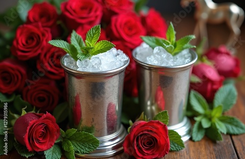 Silver cups with crushed ice, mint sprigs, surrounded by red roses. Mint juleps served. Bourbon whiskey drink, traditional Kentucky Derby cocktail. Horse figurine at background. Romantic gift for