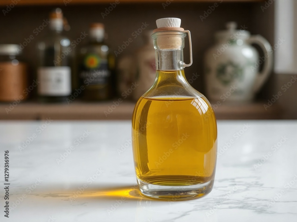 A sleek glass bottle filled with golden olive oil, with a sprig of rosemary inside, placed on a marble countertop. Soft lighting adds warmth and a touch of Mediterranean charm A sleek glass bottle filled with golden olive oil, with a sprig of rosemary inside, placed on a marble countertop. Soft lighting adds warmth and a touch of Mediterranean charm