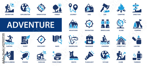 Adventure flat icons set. Lifestyle, hike, risk, diving, running, jumping icons and more signs. Flat icon collection.