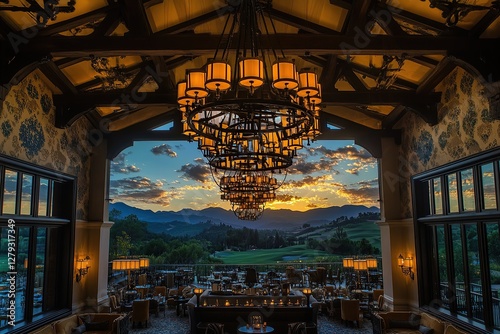 A rustic chandelier with multiple lamps hanging from the ceiling of an elegant country club
