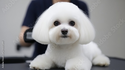 Professional dog groomer styles her hair like a bichon frise at a pet spa with careful precision