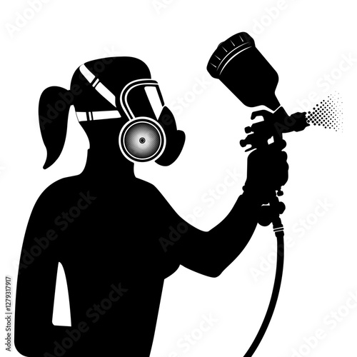 Silhouette of a woman painter with spray gun and protective wear. vector illustration