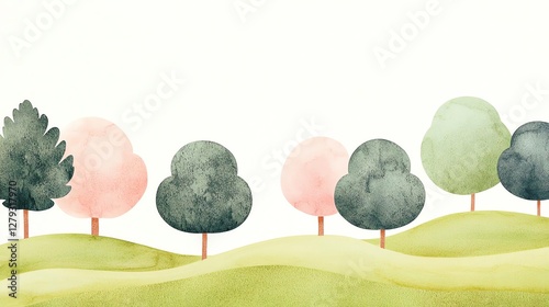 A colorful watercolor illustration of trees on gentle green hills.