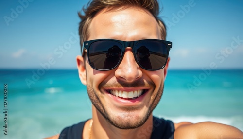 A cheerful man with a bright smile enjoys the sun at a beautiful beach, wearing stylish sunglasses. The waves gently lap at the shore under a clear blue sky, capturing the essence of summer