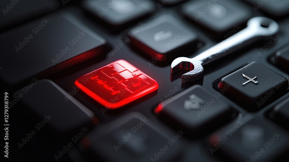 Cybersecurity Repair: Digital Key and Wrench on Illuminated Keyboard Cybersecurity Repair: Digital Key and Wrench on Illuminated Keyboard