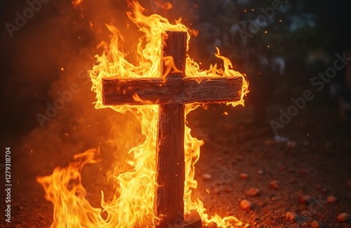 Flames engulf wooden cross, creating image of faith tested by adversity, spiritual struggle amidst fiery trials, religious persecution, martyrdom. Symbol of hope, belief, sacrifice, destruction,