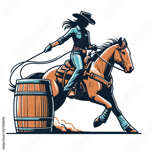 vector illustration of a Cowgirl and a cowboy riding a horse in the barrel competition 