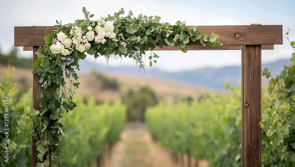 A rustic wooden arch adorned with greenery and flowers, set against the backdrop of rolling vineyards