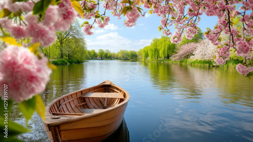 Springtime tranquility with a wooden boat on a calm canal surrounded by cherry blossoms in a vibrant natural setting