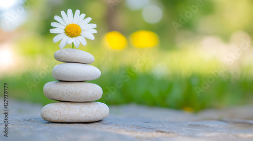 Stack of smooth white stones beside a blooming daisy against a serene, blurred natural background in a minimalist composition appealing to tranquility and elegance photo