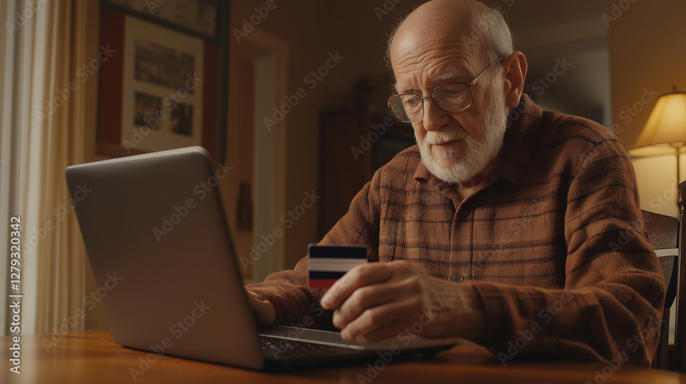 Elderly caucasian man sits at a rustic wooden table, focused on online shopping while holding a credit card in a cozy indoor setting Elderly caucasian man sits at a rustic wooden table, focused on online shopping while holding a credit card in a cozy indoor setting