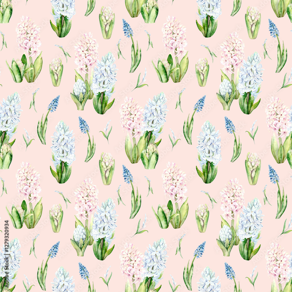 Seamless watercolor pattern with hyacinths on a delicate pastel background. Delicate spring flowers in pastel colors create an atmosphere of freshness and lightness. Ideal for textiles, wallpaper Seamless watercolor pattern with hyacinths on a delicate pastel background. Delicate spring flowers in pastel colors create an atmosphere of freshness and lightness. Ideal for textiles, wallpaper