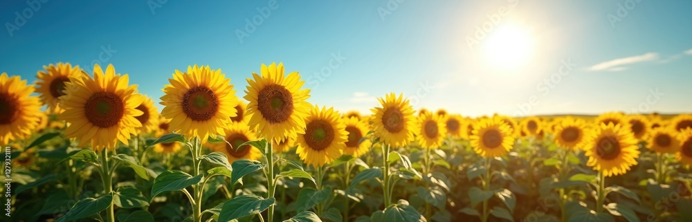 Bright yellow sunflowers field blooms under clear blue sky at noon sun shines warmly. Floral landscape, beauty summer nature farm field. Agriculture industry harvests golden petals. Tranquil vibrant
