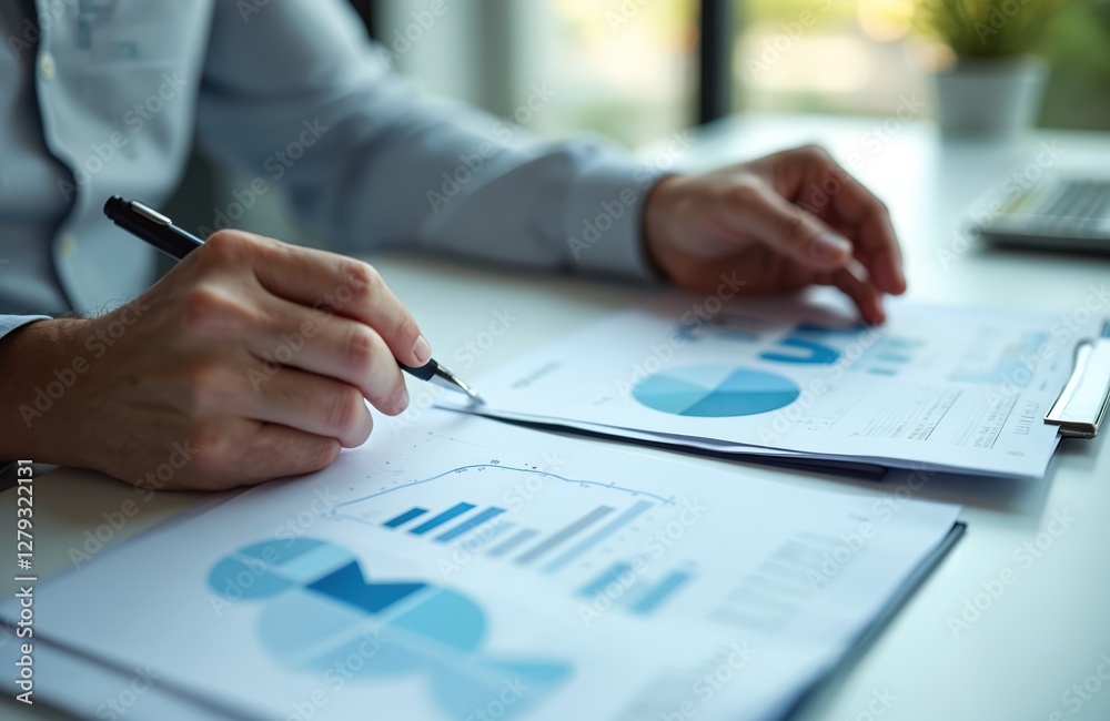 Close-up of businessman holding pen, pointing to blue graph on document. Corporate financial marketing, research, planning, analysis in business office. Successful investor evaluates company economic Close-up of businessman holding pen, pointing to blue graph on document. Corporate financial marketing, research, planning, analysis in business office. Successful investor evaluates company economic