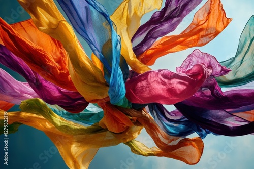 Colorful juggling scarves swirling in mid air create a vibrant display under clear skies. Generative AI photo