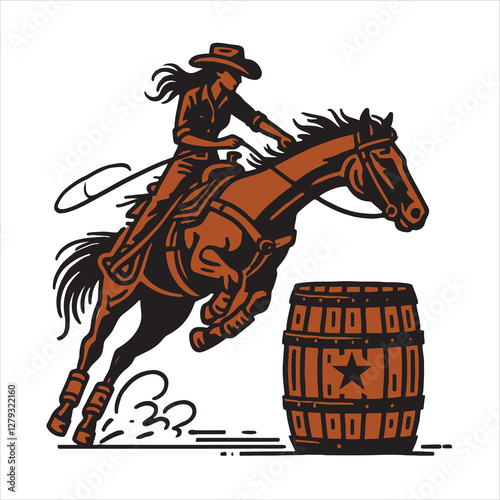 vector illustration of a Cowgirl and a cowboy riding a horse in the barrel competition 