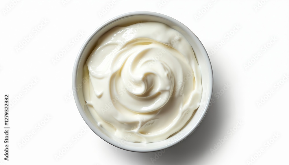 Top view of sour cream in bowl isolated on white. Fresh creamy dairy product. Delicious homemade yogurt sauce. Healthy tasty ingredient for cooking, snack, breakfast and diet. Top view of sour cream in bowl isolated on white. Fresh creamy dairy product. Delicious homemade yogurt sauce. Healthy tasty ingredient for cooking, snack, breakfast and diet.