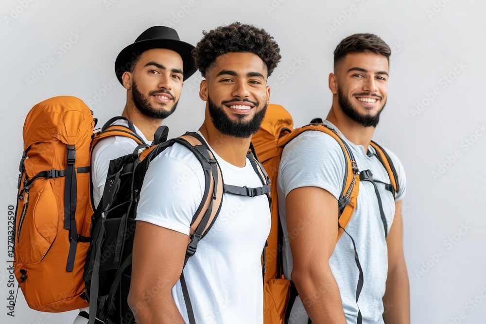 Three young men with backpacks smiling for a travel adventure. Three young men with backpacks smiling for a travel adventure.