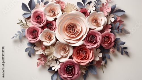 Heart Shaped Paper Flowers Bouquet, Delicate Pink and Peach Roses, Romantic Floral Arrangement,  Intricate Papercraft,  Handmade Art