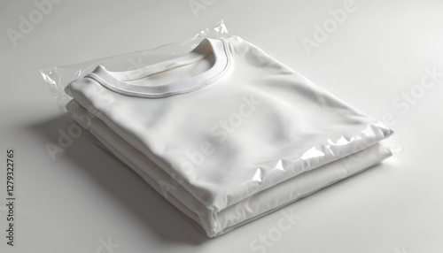 Close up of folded white T-shirt in plastic packaging on white background. Casual cotton clothes, fashion apparel. Clothing product for retail, sale. Cleanliness and neatness in store.