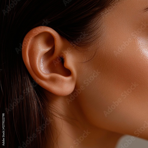 close-up of a brunette's ear in soft lighting. Mockup for displaying jewelry and costume jewelry