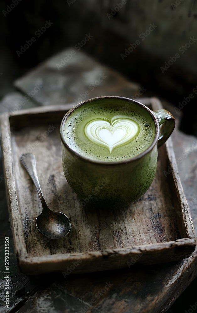 A matcha latte in a ceramic cup, with a delicate heart-shaped latte art, placed on a wooden tray with a small spoon, bathed in soft, natural light A matcha latte in a ceramic cup, with a delicate heart-shaped latte art, placed on a wooden tray with a small spoon, bathed in soft, natural light